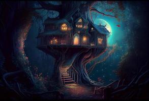 magical fantasy fairy tale scenery of tree house at night in a forest. Generate Ai. photo