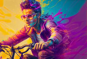 illustration painting of young man riding a bicycle with a colorful energy, digital art style. Generate Ai. photo