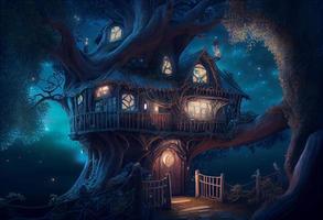 magical fantasy fairy tale scenery of tree house at night in a forest. Generate Ai. photo