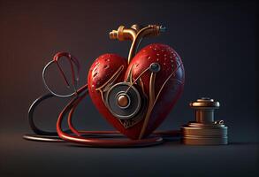 Red heart with stethoscope. Generate Ai. photo