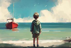chico mirando y esperando el barco en el mar en contra cielo. generar ai. foto