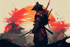 illustration painting A samurai with a katana stands ready to fight against a huge army.. Generate Ai. photo