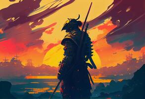 illustration painting A samurai with a katana stands ready to fight against a huge army.. Generate Ai. photo