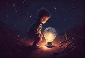 chico mirando el grande bulbo medio enterrado en el suelo en contra noche cielo con estrellas. generar ai. foto