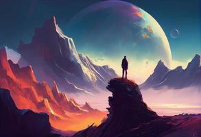 illustration painting of man on top of mountain looking at another new planet. Generate Ai. photo