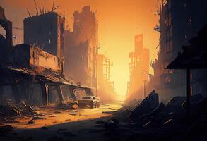 illustration painting of destroyed Abandoned City, Zombie Apocalypse. Generate Ai. photo