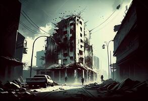 illustration painting of destroyed Abandoned City, Zombie Apocalypse. Generate Ai. photo