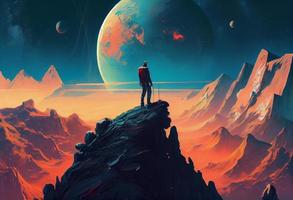 illustration painting of man on top of mountain looking at another new planet. Generate Ai. photo