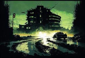 illustration painting of destroyed Abandoned City, Zombie Apocalypse. Generate Ai. photo