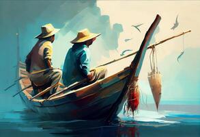 illustration painting of fishermen with fishing rod on boat. Generate Ai. photo