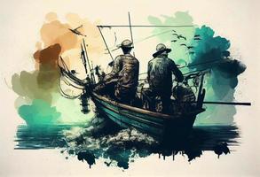 ilustración pintura de pescadores con pescar varilla en bote. generar ai. foto