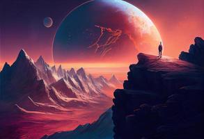 illustration painting of man on top of mountain looking at another new planet. Generate Ai. photo