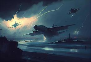 illustration painting of planes flying in the storm . Generate Ai. photo