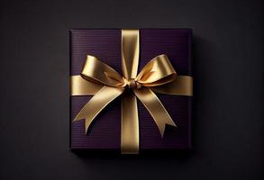Gift box dark violet with gold ribbon bow on top, dark textured background. Generate Ai. photo