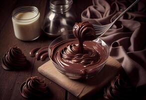 Homemade chocolate cream with whisk. World Chocolate Day concept . Generate Ai. photo