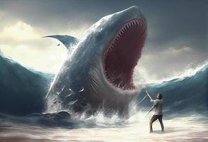 Giant shark attacks people in the sea. Generate Ai. photo