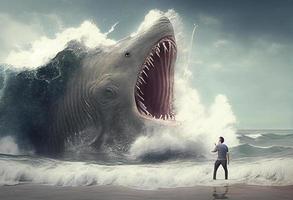 Giant shark attacks people in the sea. Generate Ai. photo