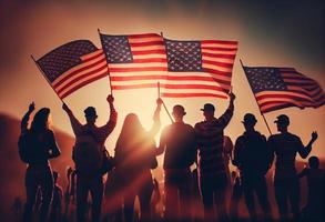 Group of People Waving American Flags in Back Lit. Generate Ai. photo