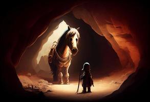 Horse monster looking at little hero with sword in the cave.. Generate Ai. photo