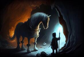 Horse monster looking at little hero with sword in the cave.. Generate Ai. photo