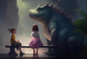 dinosaurios sentado con un pequeño muchacha. generar ai. foto