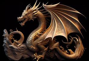 dragon gold carving on the dark background. Generate Ai. photo