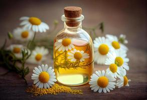 Essential oil in glass bottle with fresh chamomile flowers. Generate Ai. photo