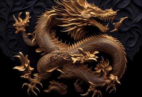 dragon gold carving on the dark background. Generate Ai. photo