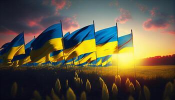 Field of Ukrainian flags at Sunset. Generate Ai. photo