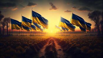 Field of Ukrainian flags at Sunset. Generate Ai. photo