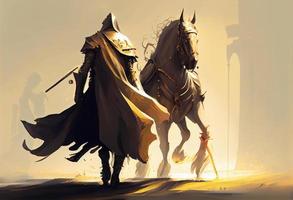 un dorado Caballero y su caballo caminando a campo de espadas generar ai. foto
