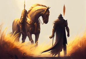 A golden knight and his horse walking to field of swords. Generate Ai. photo