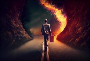 Determined businessman on his way to success go to the fire trails. Generate Ai. photo