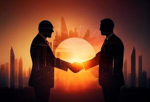 Double exposure of business handshake for successful of investment deal Generate Ai. photo