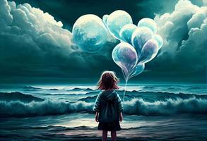 Digital illustration painting of child holding balloons standing in front of fantasy storm, sea. Generate Ai. photo