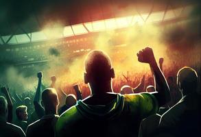 espalda ver de fútbol, fútbol aficionados aplausos su equipo estadio a noche tiempo.. generar ai. foto