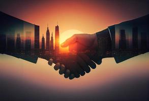 Double exposure of business handshake for successful of investment deal Generate Ai. photo