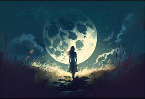 A girl with a big moon on meadow. Generate Ai. photo