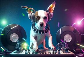 Dog DJ set. Anthropomorphic animal having fun at the trendy club night party. International Music Day. Generate Ai. photo