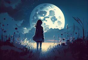 A girl with a big moon on meadow. Generate Ai. photo