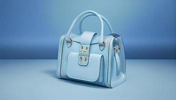 Beautiful trendy smooth youth women's handbag in gentle blue color on a light blue studio background. Generate Ai. photo