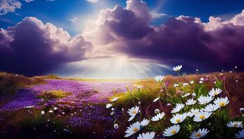 Beautiful spring-summer natural landscape with a field of purple clover flowers. Generate Ai. photo