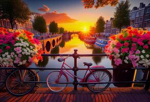 Beautiful summer sunrise on the famous UNESCO world heritage canals of Amsterdam, Generate Ai. photo