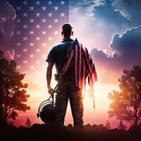 Attractive man in work clothes holding tools and a US flag. photo