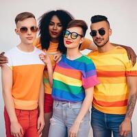 Diverse young friends celebrating gay pride festival LGBTQ. photo