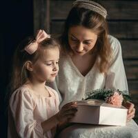 mujer con regalo para de la madre día recibido desde su pequeño hija a hogar. generativo ai foto