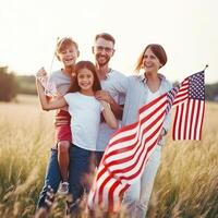 americano familia celebrando ondulación Estados Unidos banderas 4to de julio. generativo ai foto