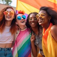 Diverse young friends celebrating gay pride festival LGBTQ. photo