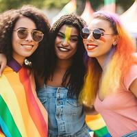 Diverse young friends celebrating gay pride festival LGBTQ. photo