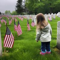 niña en un cementerio con un americano bandera. celebrando monumento día. generativo ai foto